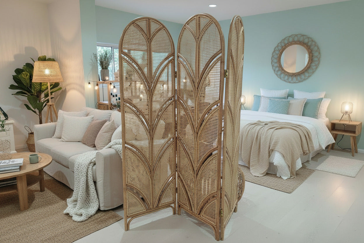 A three-panel folding room divider made of natural woven rattan or wicker, standing in a bright, modern bedroom/living space between a sofa and a bed.