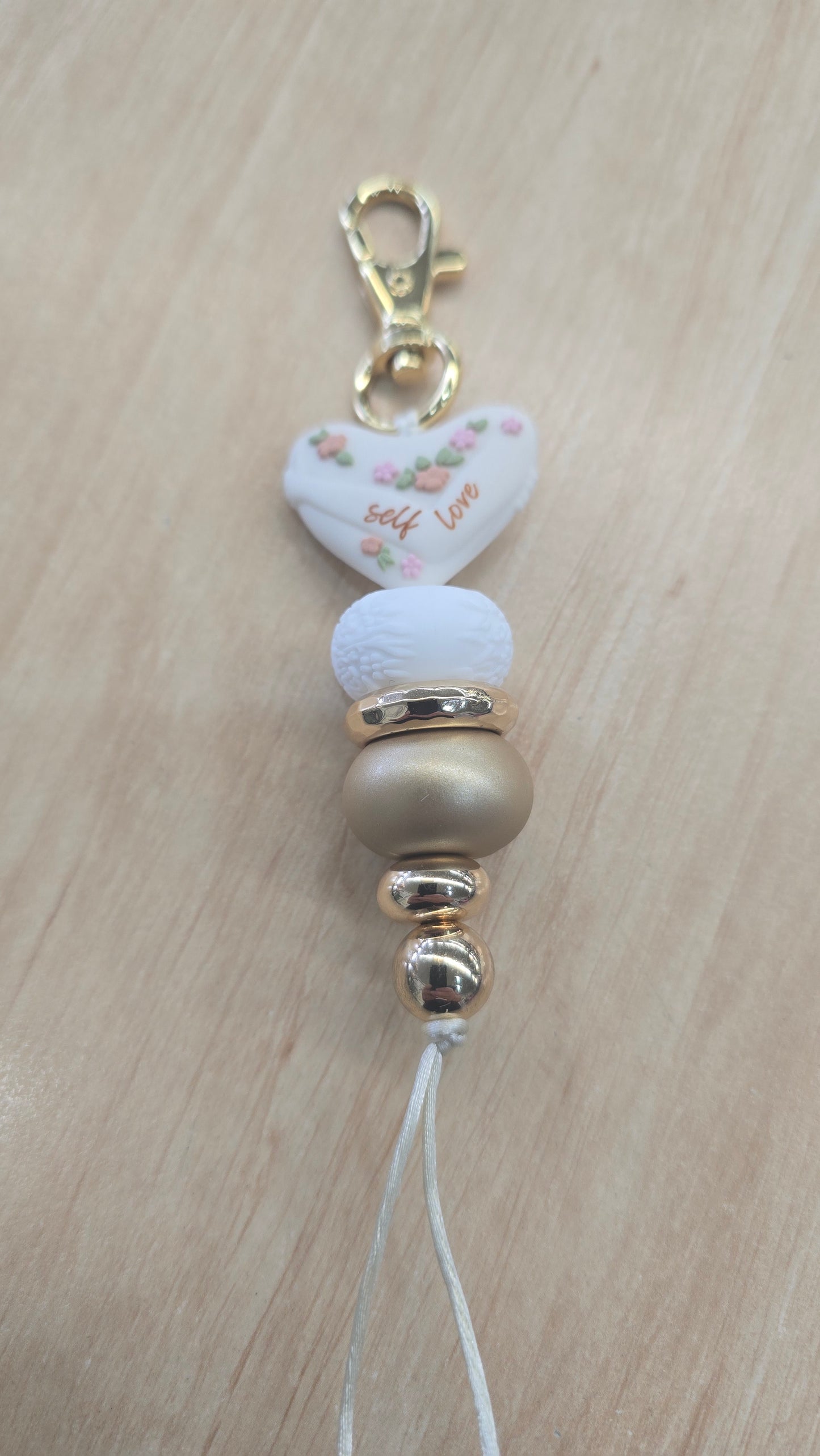Hanging Beaded Keyring- White Self Love