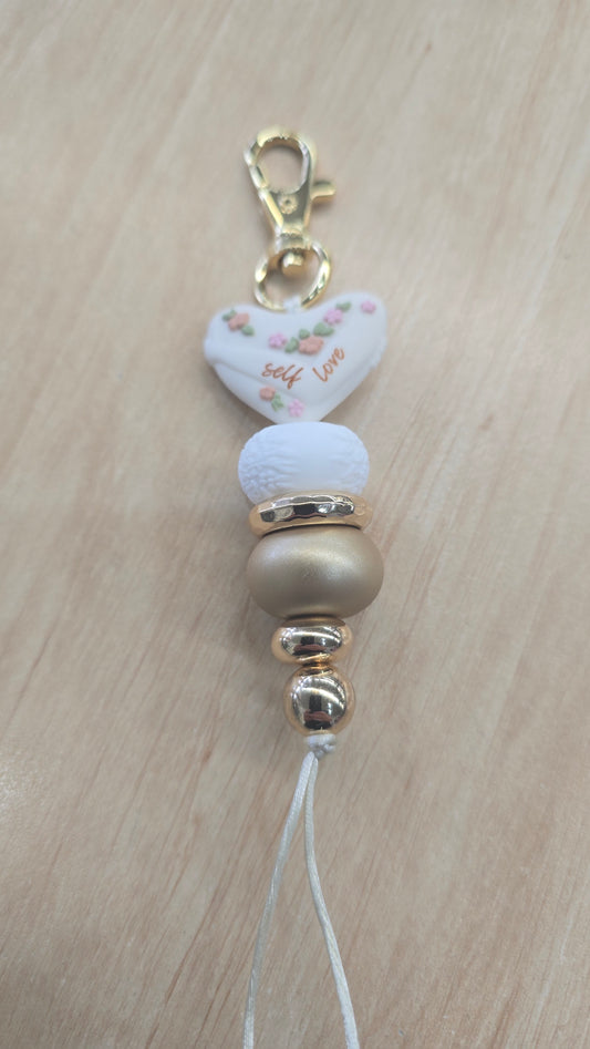 Hanging Beaded Keyring- White Self Love