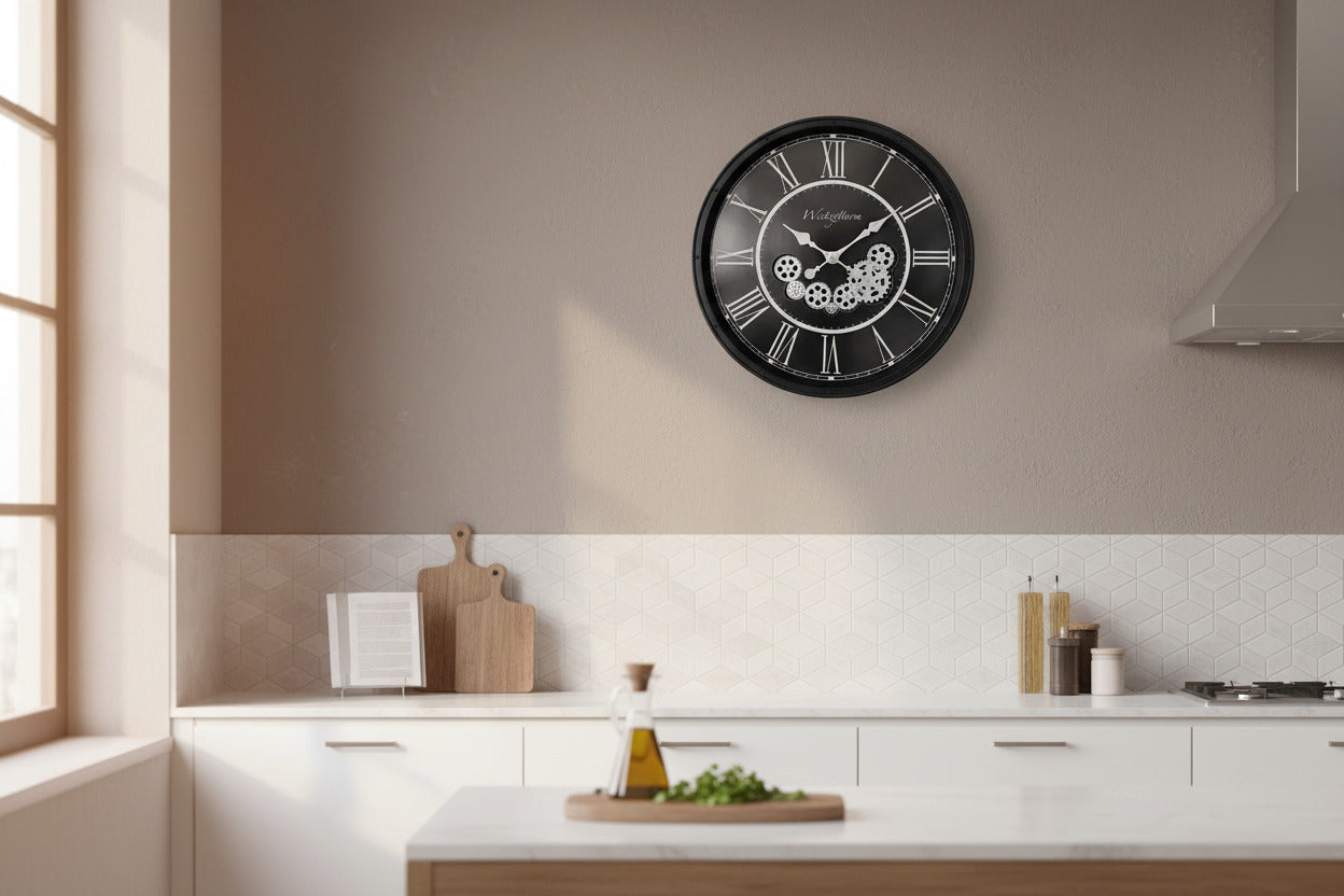 Black Clock with Moving Cogs