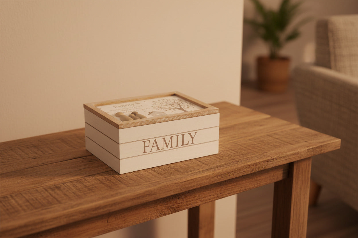 A white wooden photo box with 'FAMILY' written on the front, adorned with a illustration of a tree and birds, alongside a wooden figure of a family.