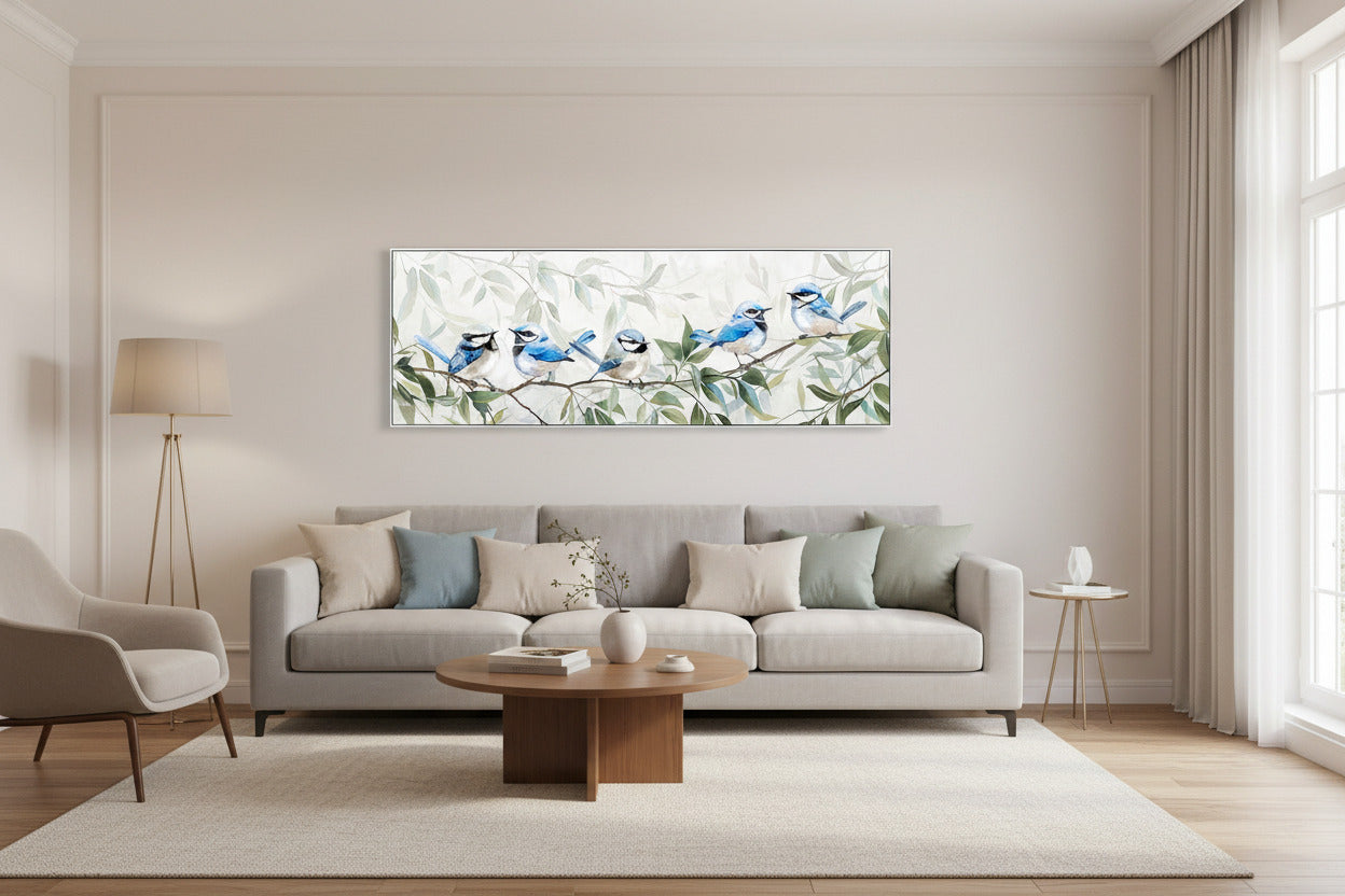 Framed painting of blue jays perched on branches with a blurred green and white background.