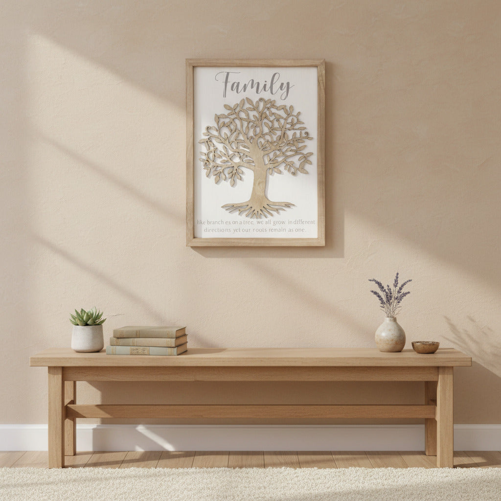 A wooden family plaque with a tree silhouette and the word 'Family' written in the top center. The plaque is meant to be mounted on a wall.