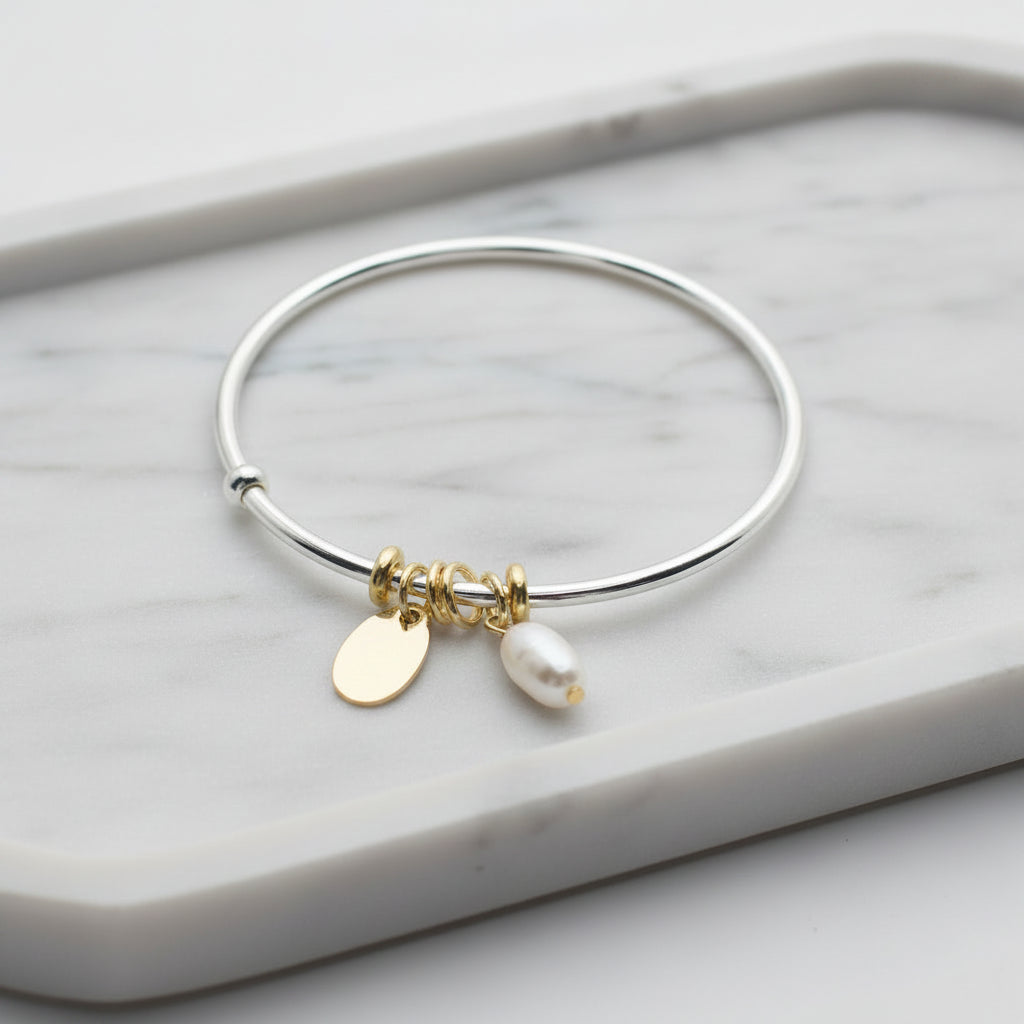 Silver Pearl Charm Bangle
