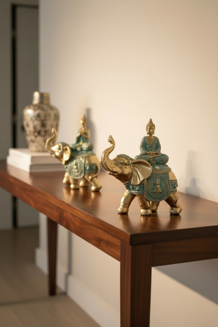 Buddha Riding Elephant-Aqua/Gold