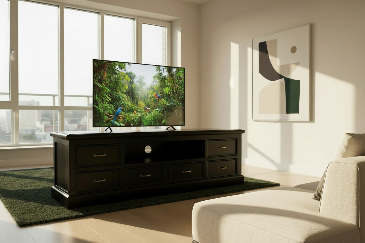 A black TV cabinet with six drawers, decorated with a floral pattern on the wall behind it.