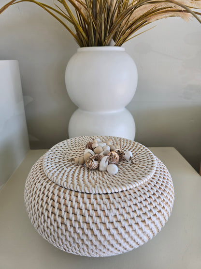 Rattan and Shell Trinket Box- Large