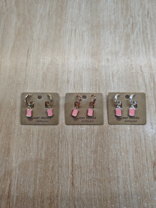 Earrings Rectangular Enamel Huggie-Coral