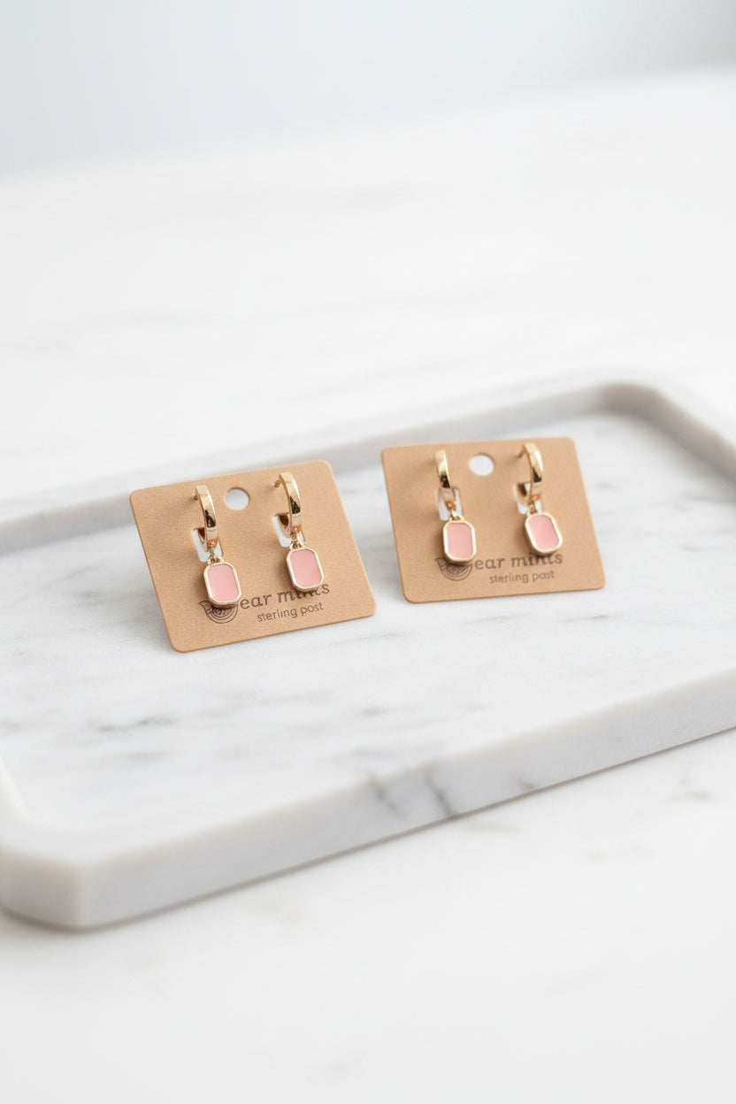 Coral Enamel Rectangle Earrings