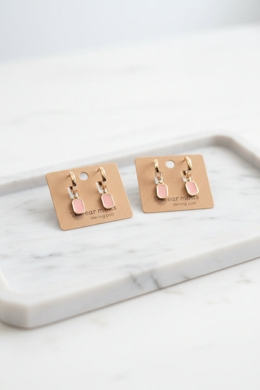 Coral Enamel Rectangle Earrings