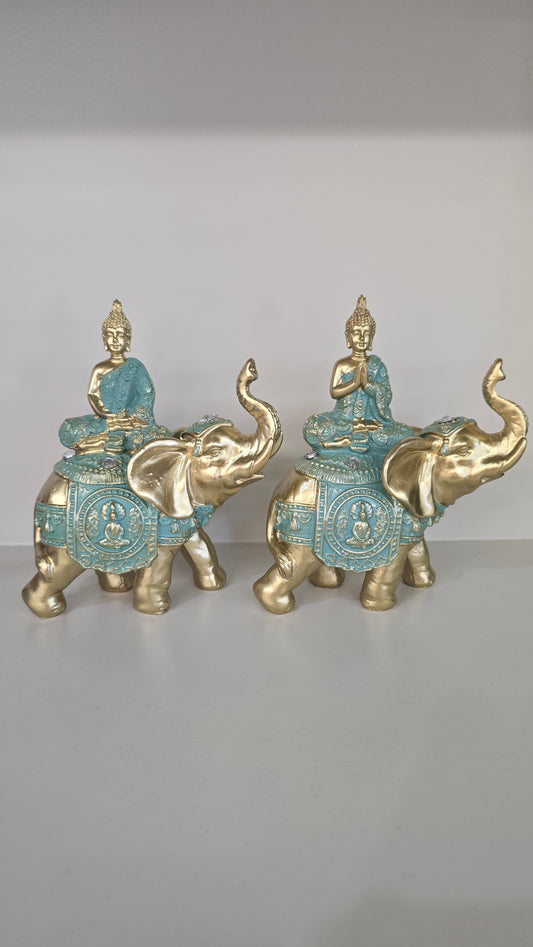 Buddha Riding Elephant-Aqua/Gold