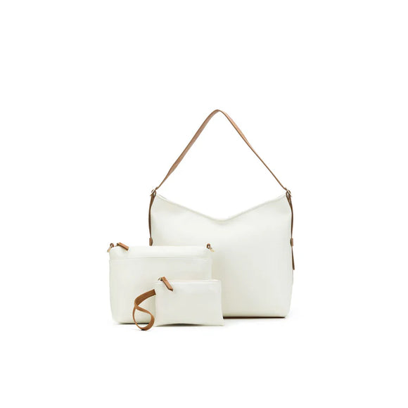 Madeline 3 Piece Hobo Bag Set- White/Tan